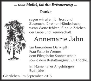 Traueranzeige von Annemarie Jahn von Super Sonntag Aschersleben