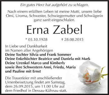 Traueranzeige von Erna Zabel von Mitteldeutsche Zeitung Dessau-Roßlau