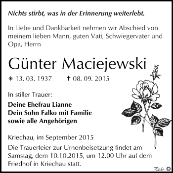 Traueranzeige von Günter Maciejewski von WVG - Wochenspiegel NMB / WSF / ZTZ