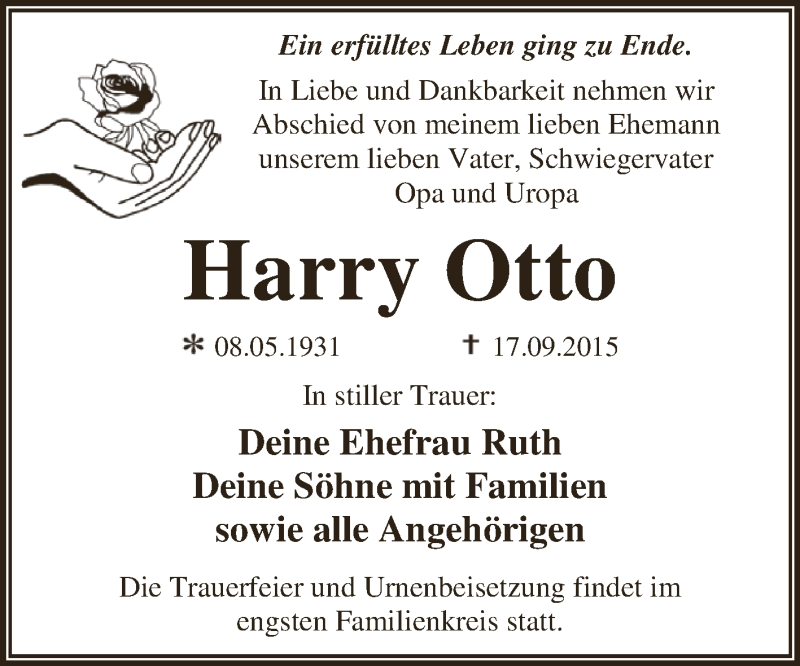  Traueranzeige für Harry Otto vom 26.09.2015 aus WVG - Wochenspiegel Dessau / Köthen