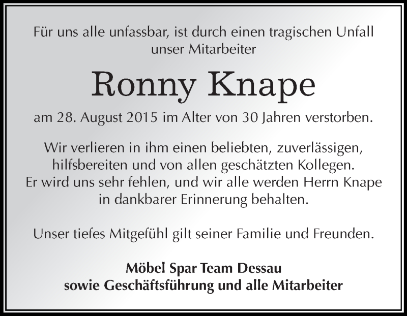  Traueranzeige für Ronny Knape vom 12.09.2015 aus Super Sonntag Merseburg