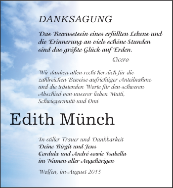 Traueranzeige von Edith Münch von Mitteldeutsche Zeitung Bitterfeld