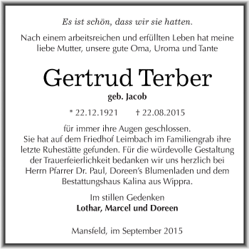 Traueranzeige von Gertrud Terber von Wochenspiegel Mansfelder Land
