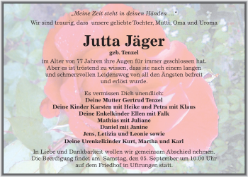 Traueranzeige von Jutta Jäger von Mitteldeutsche Zeitung Sangerhausen