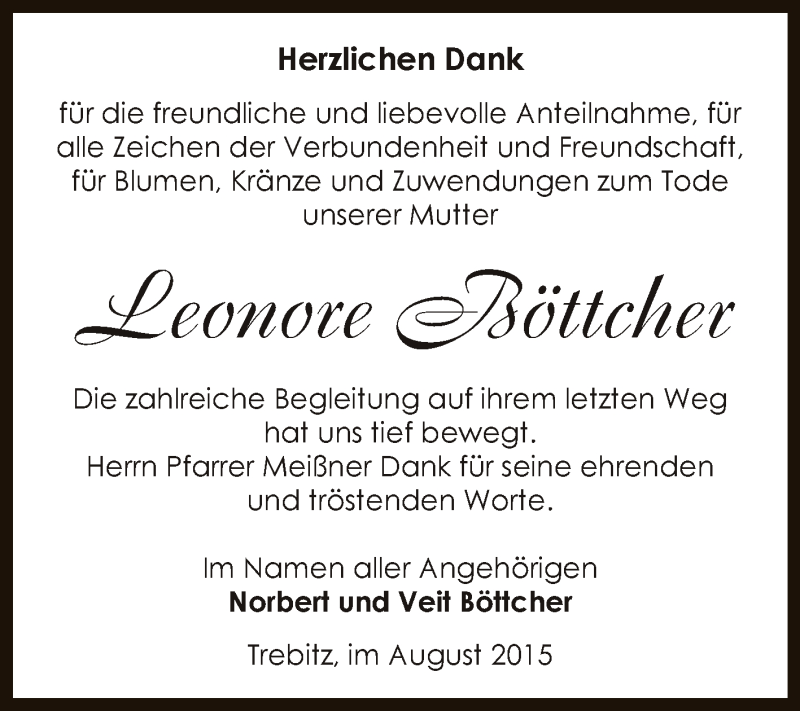  Traueranzeige für Leonore Böttcher vom 05.09.2015 aus Super Sonntag Bernburg