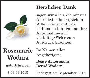 Traueranzeige von Rosemarie Wodarz von Mitteldeutsche Zeitung Köthen