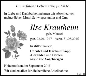 Traueranzeige von Ilse Krautheim von WVG - Wochenspiegel NMB / WSF / ZTZ