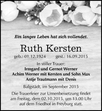 Traueranzeige von Ruth Kersten von Mitteldeutsche Zeitung Naumburg/Nebra