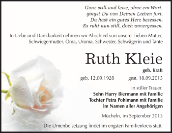 Traueranzeige von Ruth Kleie von WVG - Wochenspiegel Merseburg