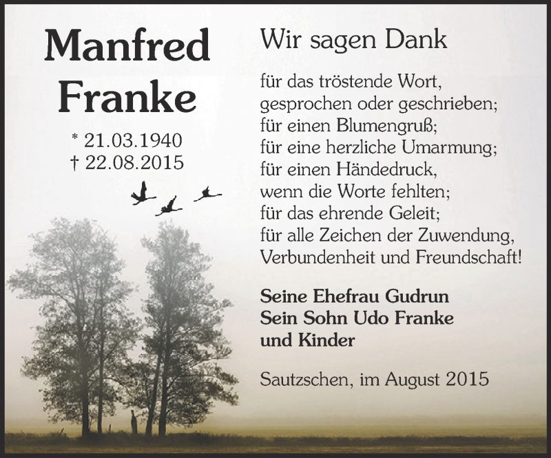  Traueranzeige für Manfred Franke vom 19.09.2015 aus Super Sonntag Zeitz