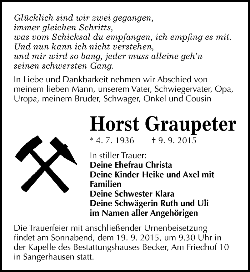  Traueranzeige für Horst Graupeter vom 12.09.2015 aus Mitteldeutsche Zeitung