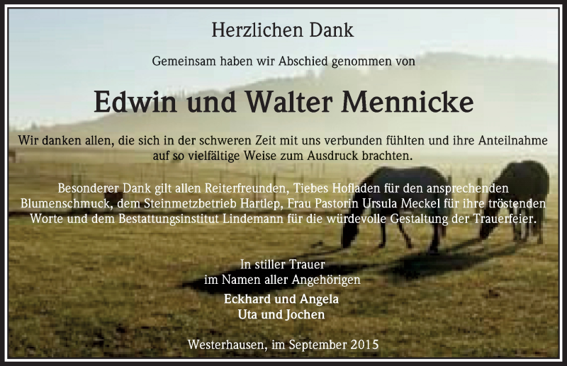  Traueranzeige für Edwin und Walter Mennicke vom 19.09.2015 aus Mitteldeutsche Zeitung Quedlinburg