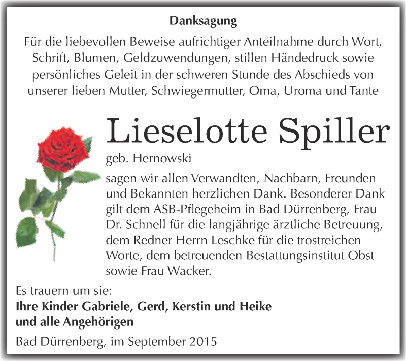  Traueranzeige für Lieselotte Spiller vom 19.09.2015 aus Super Sonntag Merseburg