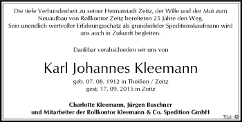 Traueranzeige von Karl Johannes Kleemann von Mitteldeutsche Zeitung Zeitz