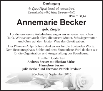 Traueranzeige von Annemarie Becker von WVG - Wochenspiegel Merseburg