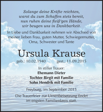 Traueranzeige von Ursula Krause von Mitteldeutsche Zeitung Naumburg/Nebra