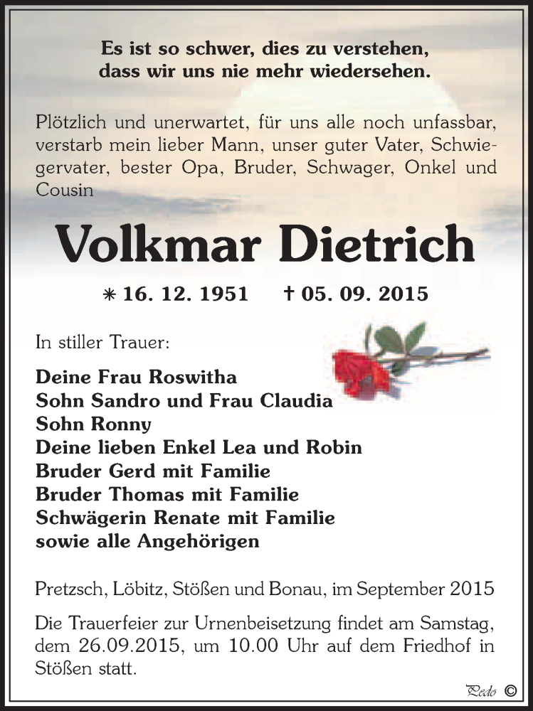  Traueranzeige für Volkmar Dietrich vom 16.09.2015 aus WVG - Wochenspiegel NMB / WSF / ZTZ