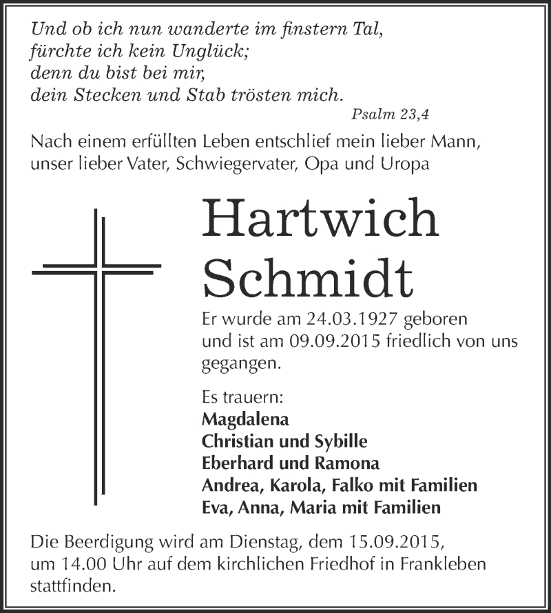  Traueranzeige für Hartwich Schmidt vom 12.09.2015 aus WVG - Wochenspiegel Merseburg