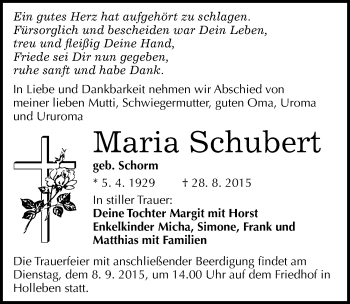 Traueranzeige von Maria Schubert von Mitteldeutsche Zeitung Halle/Saalkreis
