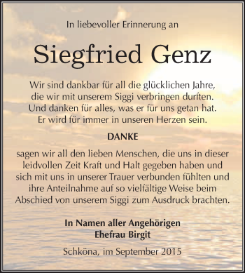 Traueranzeige von Siegfried Genz von WVG - Wochenspiegel Wittenberg