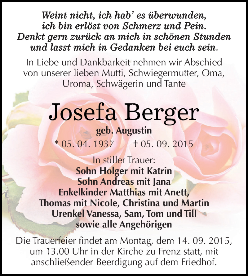  Traueranzeige für Josefa Berger vom 12.09.2015 aus WVG - Wochenspiegel Dessau / Köthen