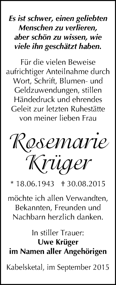  Traueranzeige für Rosemarie Krüger vom 19.09.2015 aus Mitteldeutsche Zeitung Halle/Saalkreis