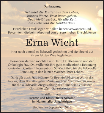 Traueranzeige von Erna Wicht von Mitteldeutsche Zeitung Mansfelder Land