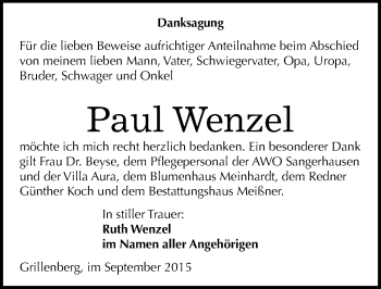 Traueranzeige von Paul Wenzel von Mitteldeutsche Zeitung Sangerhausen
