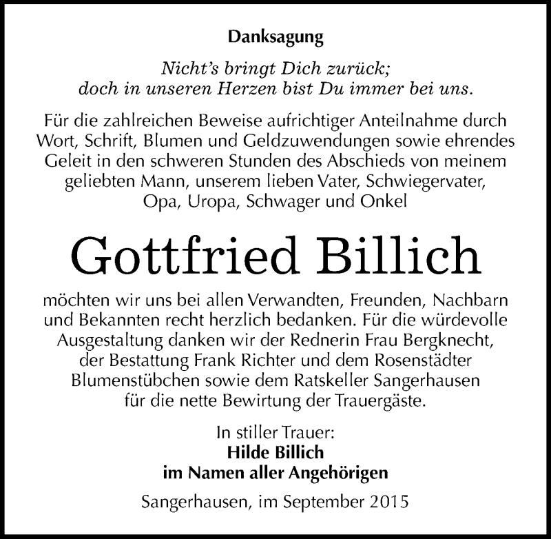  Traueranzeige für Gottfried Billich vom 12.09.2015 aus Mitteldeutsche Zeitung Sangerhausen