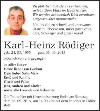 Traueranzeige von Karl-Heinz Rödiger von WVG - Wochenspiegel NMB / WSF / ZTZ