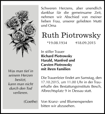 Traueranzeige von Ruth Piotrowsky von Mitteldeutsche Zeitung Dessau-Roßlau