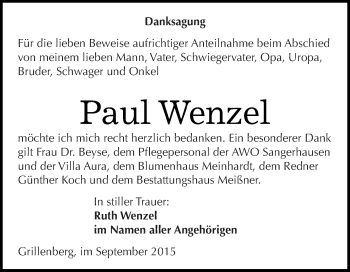 Traueranzeige von Paul Wenzel von Super Sonntag SGH Mansf. Land