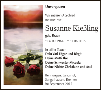Traueranzeige von Susanne Kießling von Super Sonntag SGH Mansf. Land