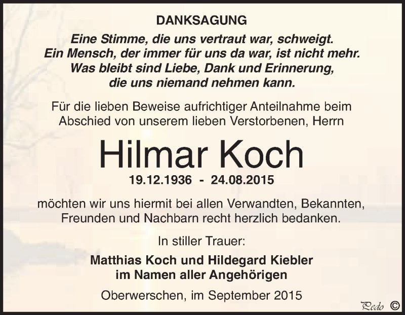  Traueranzeige für Hilmar Koch vom 30.09.2015 aus WVG - Wochenspiegel NMB / WSF / ZTZ