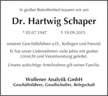 Traueranzeige von Hartwig Schaper von WVG - Wochenspiegel Bitterfeld