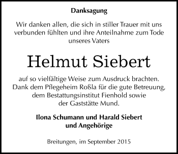 Traueranzeige von Helmut Siebert von Mitteldeutsche Zeitung Sangerhausen