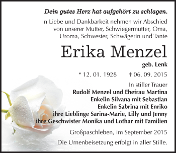 Traueranzeige von Erika Menzel von Mitteldeutsche Zeitung Köthen