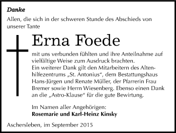 Traueranzeige von Erna Foede von Mitteldeutsche Zeitung Aschersleben