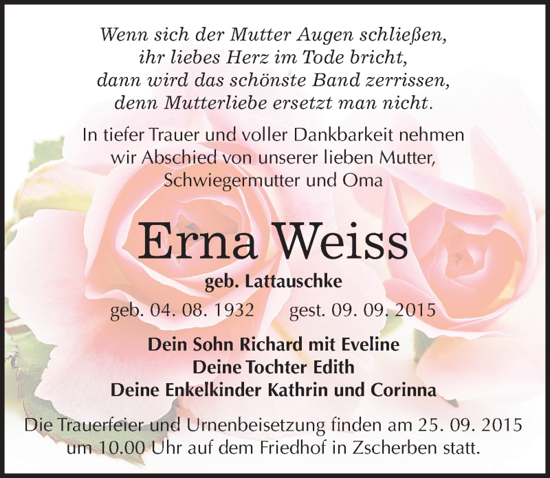  Traueranzeige für Erna Weiss vom 19.09.2015 aus Mitteldeutsche Zeitung Halle/Saalkreis