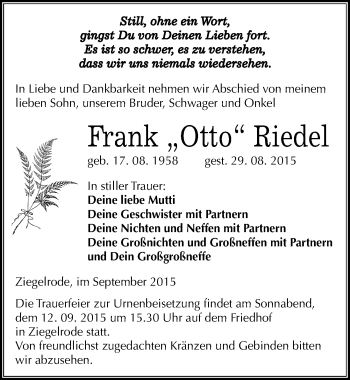 Traueranzeige von Frank Riedel von Mitteldeutsche Zeitung Mansfelder Land