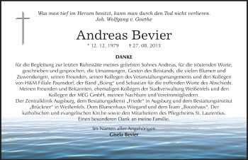 Traueranzeige von Andreas Bevier von Mitteldeutsche Zeitung Weißenfels