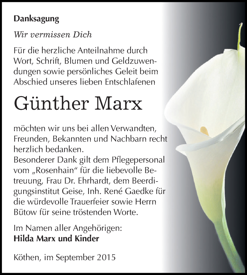  Traueranzeige für Günther Marx vom 26.09.2015 aus WVG - Wochenspiegel Dessau / Köthen