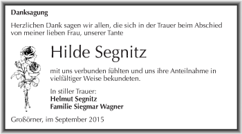 Traueranzeige von Hilde Segnitz von Wochenspiegel Mansfelder Land