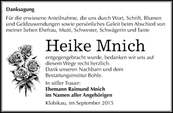 Traueranzeige von Heike Mnich von Mitteldeutsche Zeitung Merseburg/Querfurt