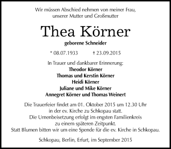 Traueranzeige von Thea Körner von Mitteldeutsche Zeitung Merseburg/Querfurt