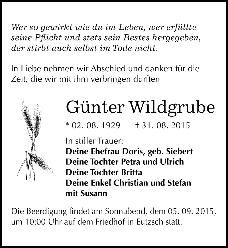  Traueranzeige für Günter Wildgrube vom 03.09.2015 aus Mitteldeutsche Zeitung Wittenberg