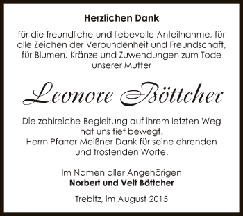 Traueranzeige von Leonore Böttcher von Super Sonntag Bernburg