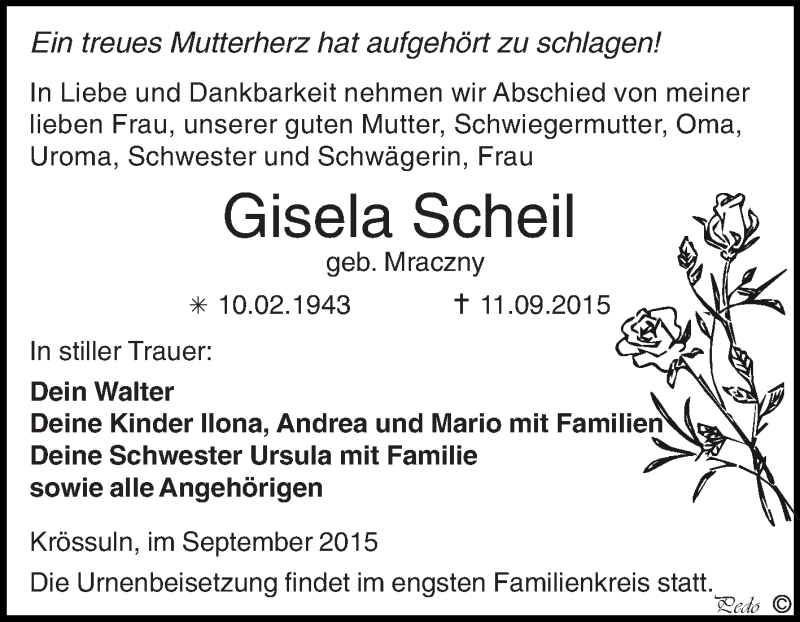  Traueranzeige für Gisela Scheil vom 23.09.2015 aus WVG - Wochenspiegel NMB / WSF / ZTZ