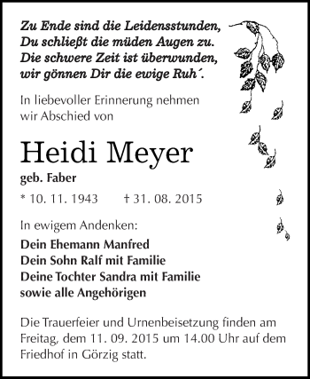 Traueranzeige von Heidi Meyer von WVG - Wochenspiegel Dessau / Köthen