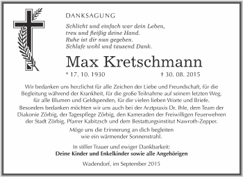 Traueranzeige von Max Kretschmann von WVG - Wochenspiegel Bitterfeld